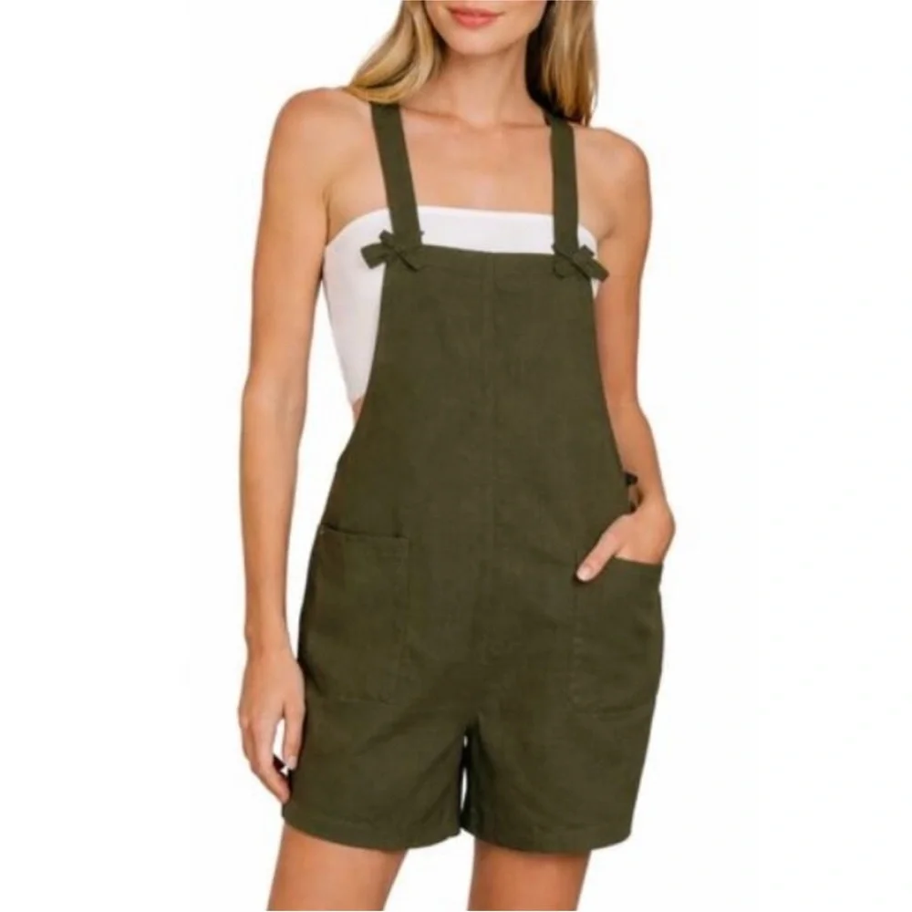 NWOT Zenana Knotted Strap Overall Romper With Pockets Size Large Blue - Picture 8 of 8